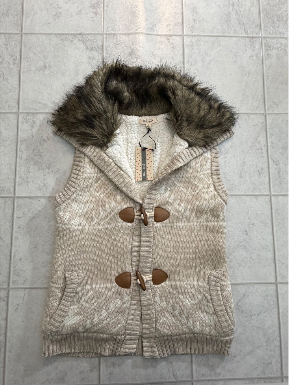 Pink Rose faux fur hooded sweater vest